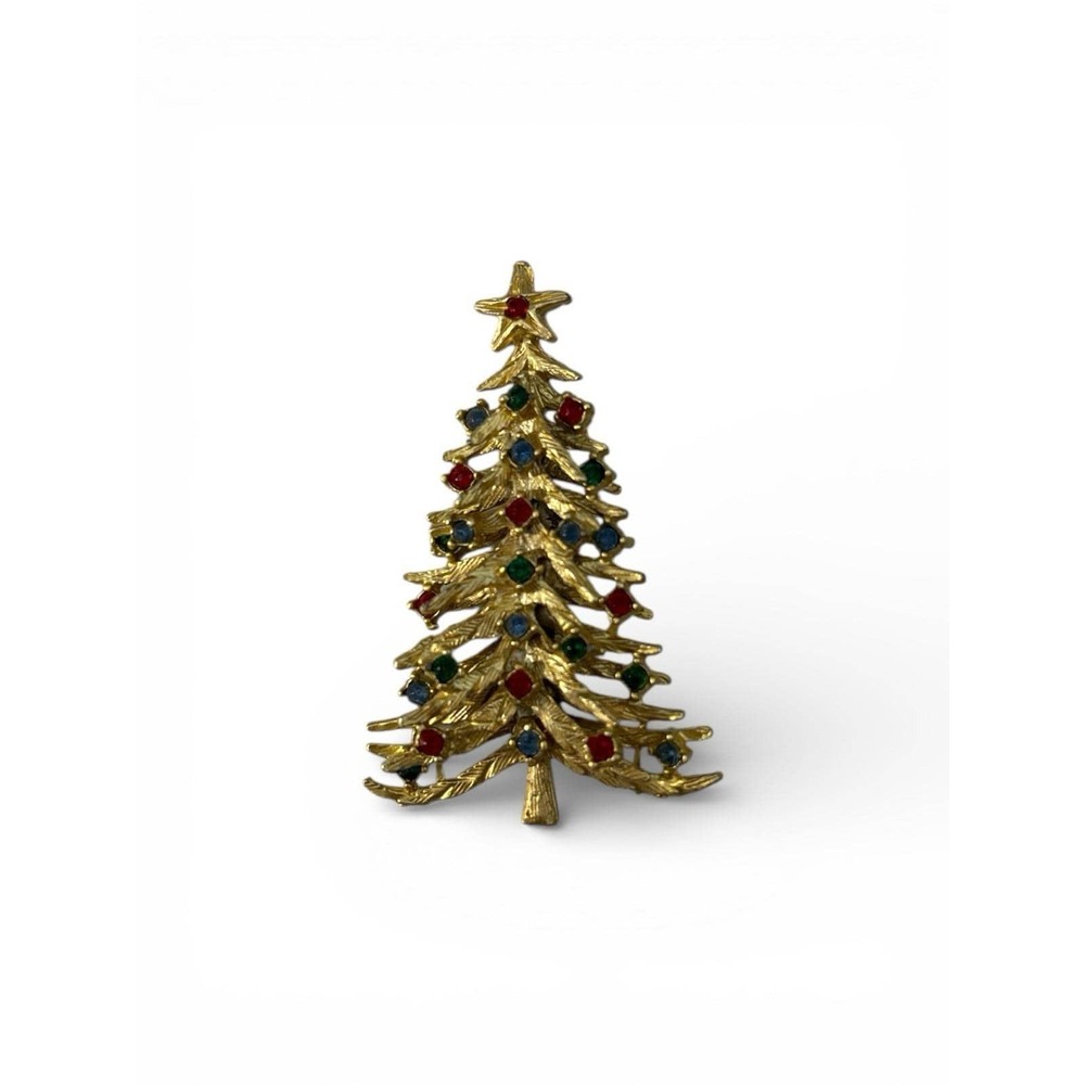 Vintage Gold Tone Holiday Christmas‎ Tree Multi Colored Rhinestones Brooch Pin